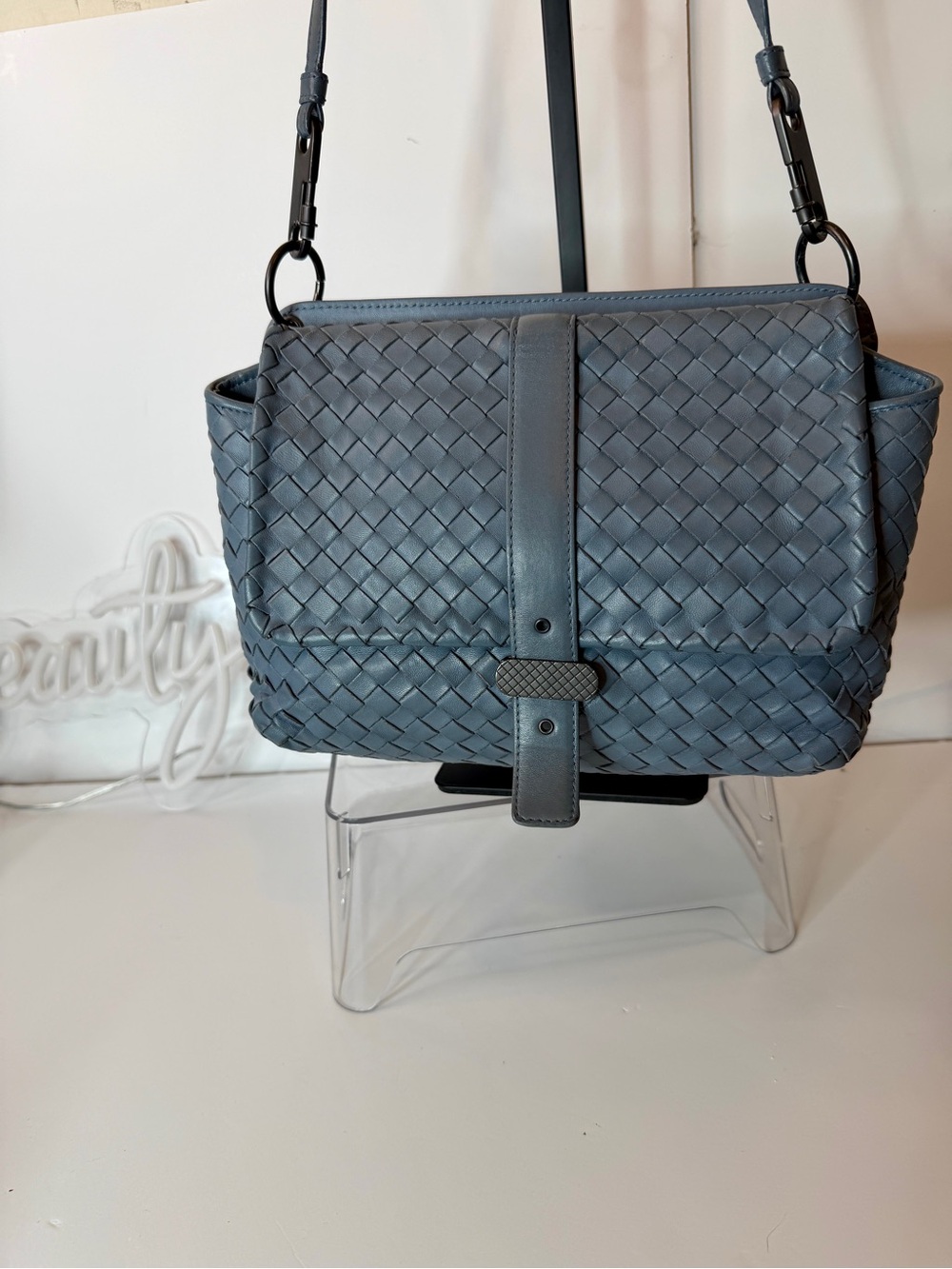 Bottega Veneta Slate Blue Intrecciato Shoulder Bag Dual Pockets
